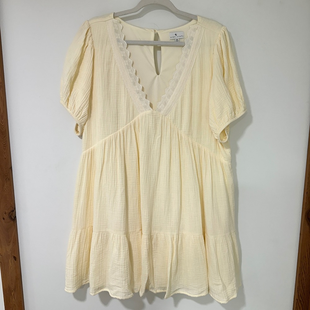 True Craft Dress 2X Cream Cotton Gauze Lace Trim Babydoll Mini Short Sleeve